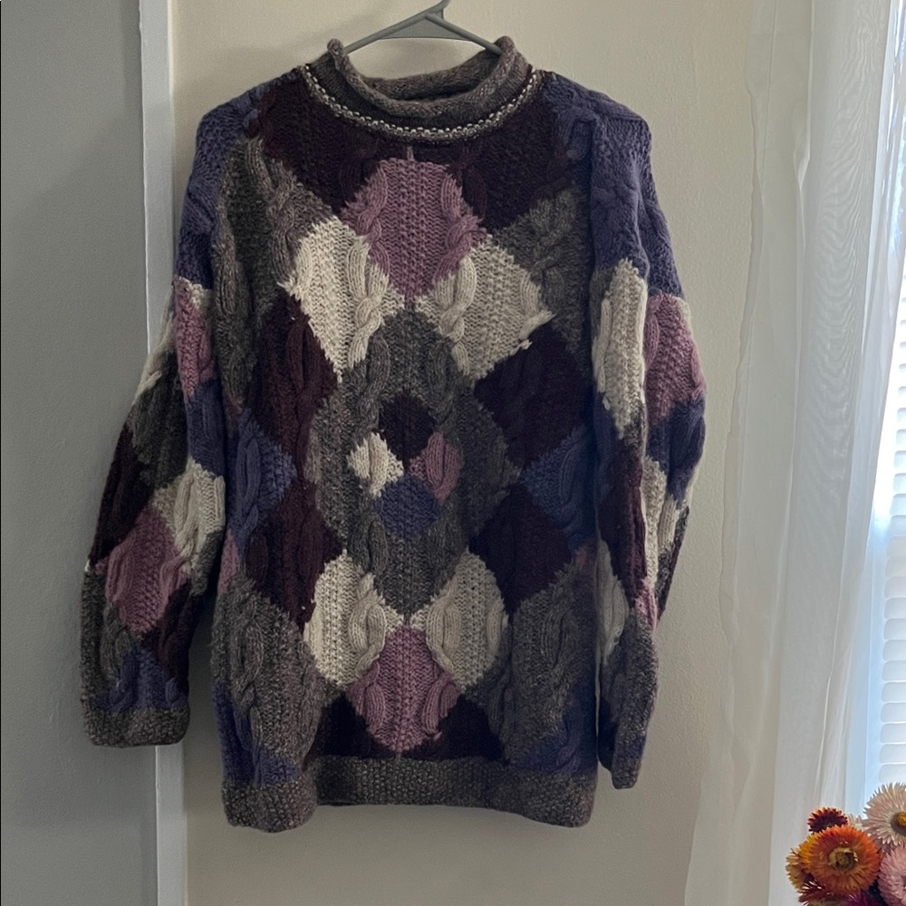 Elegant Purple Wool Argyle Women's Turtleneck Sweater
